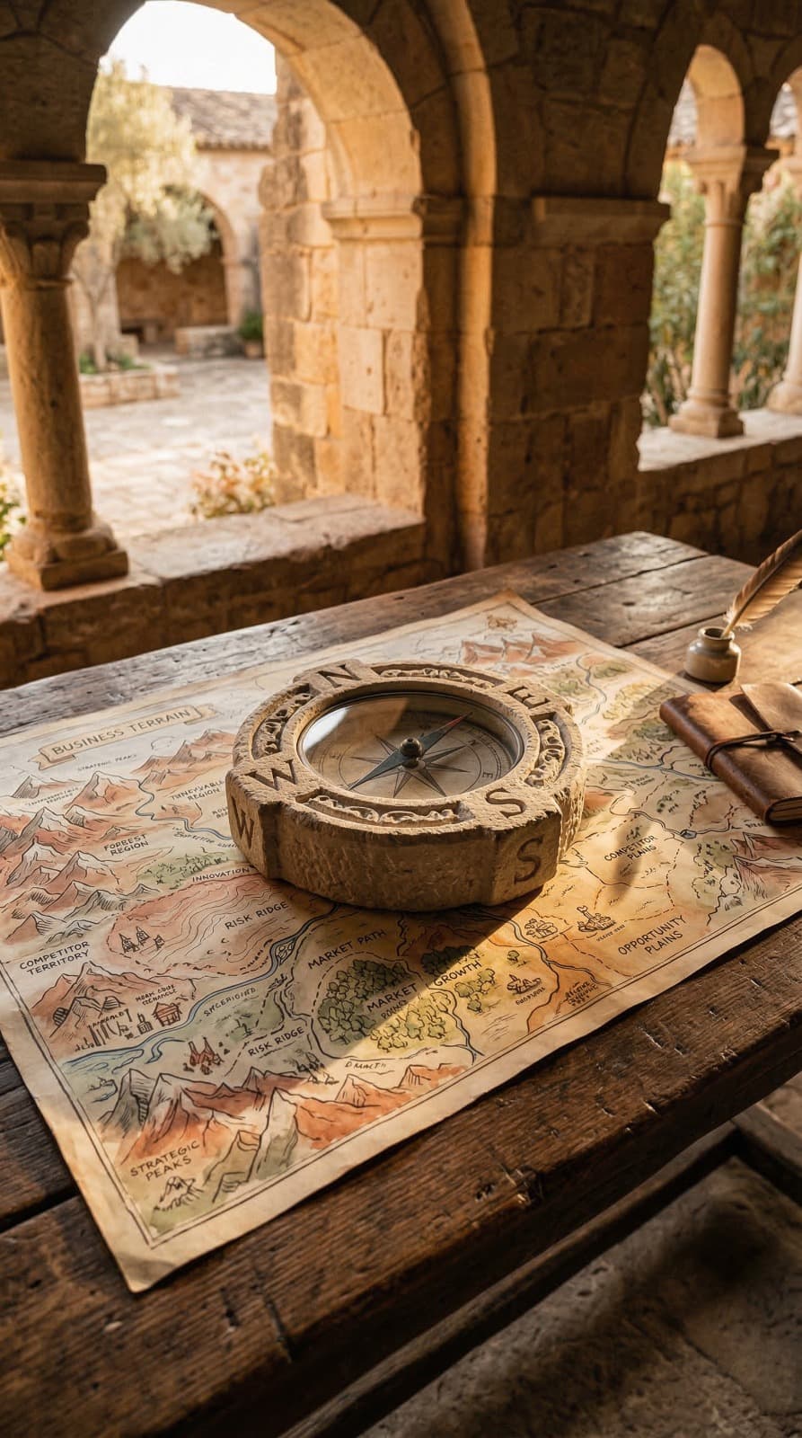 Coastal landscape with a distant tower